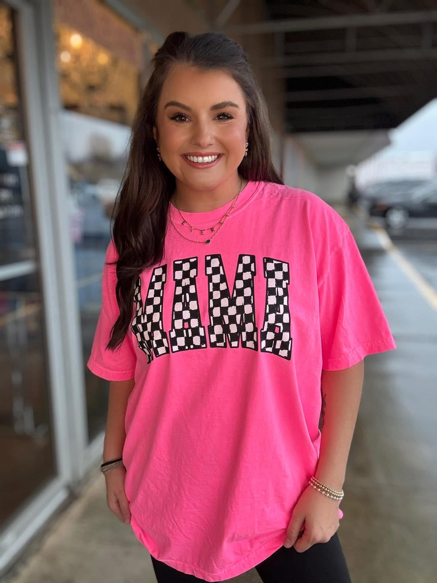 Checkered Mama Tee Neon Pink