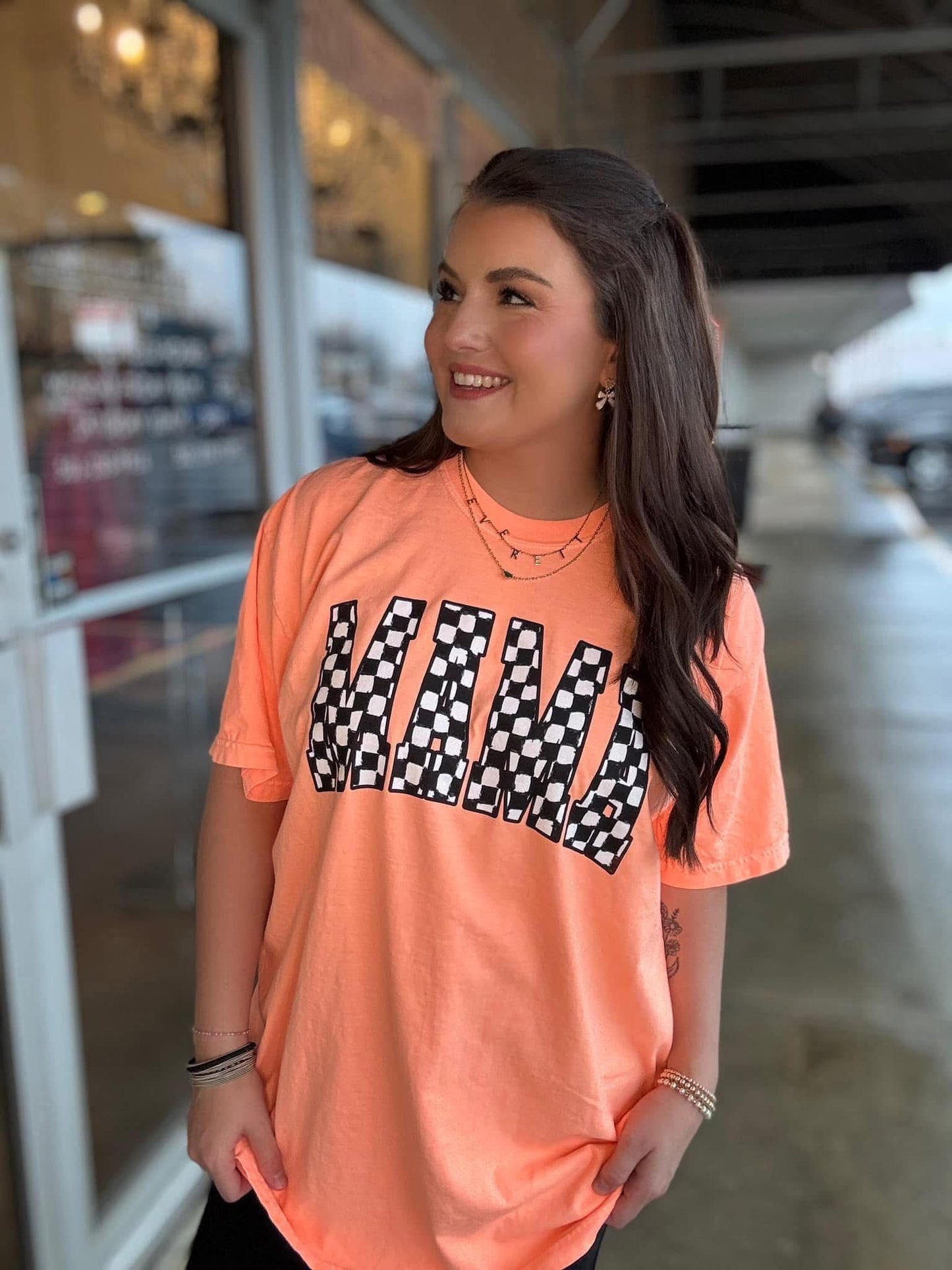 Checkered Mama Tee Neon Cantaloupe
