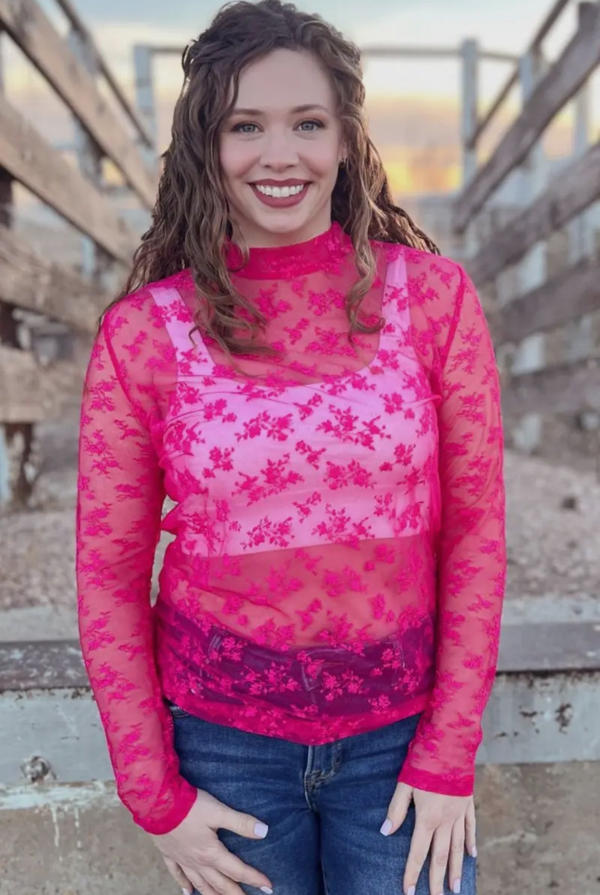 Pink Lace Mesh Top