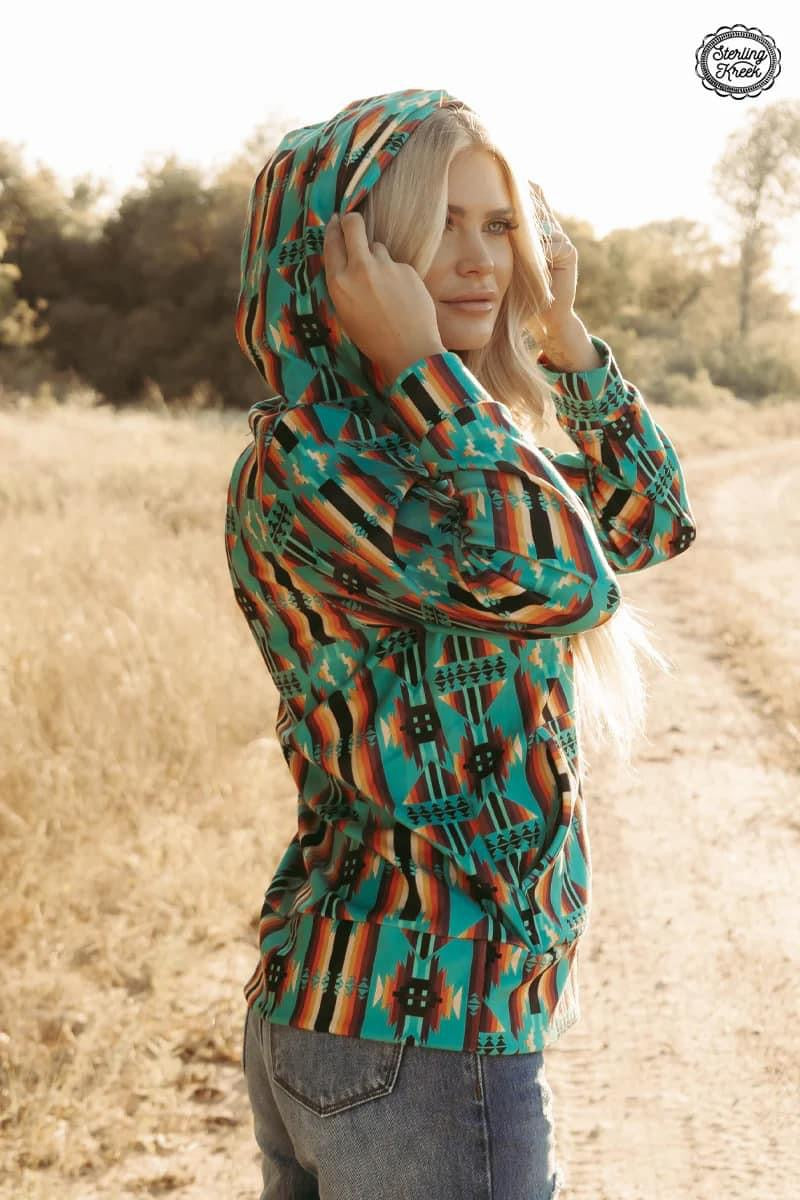 Teal Serape Lightweight Full Zip Hoodie