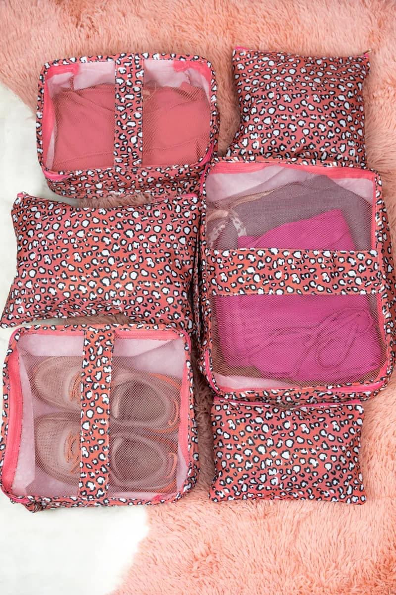 Coral Leopard Luggage Organizer Set