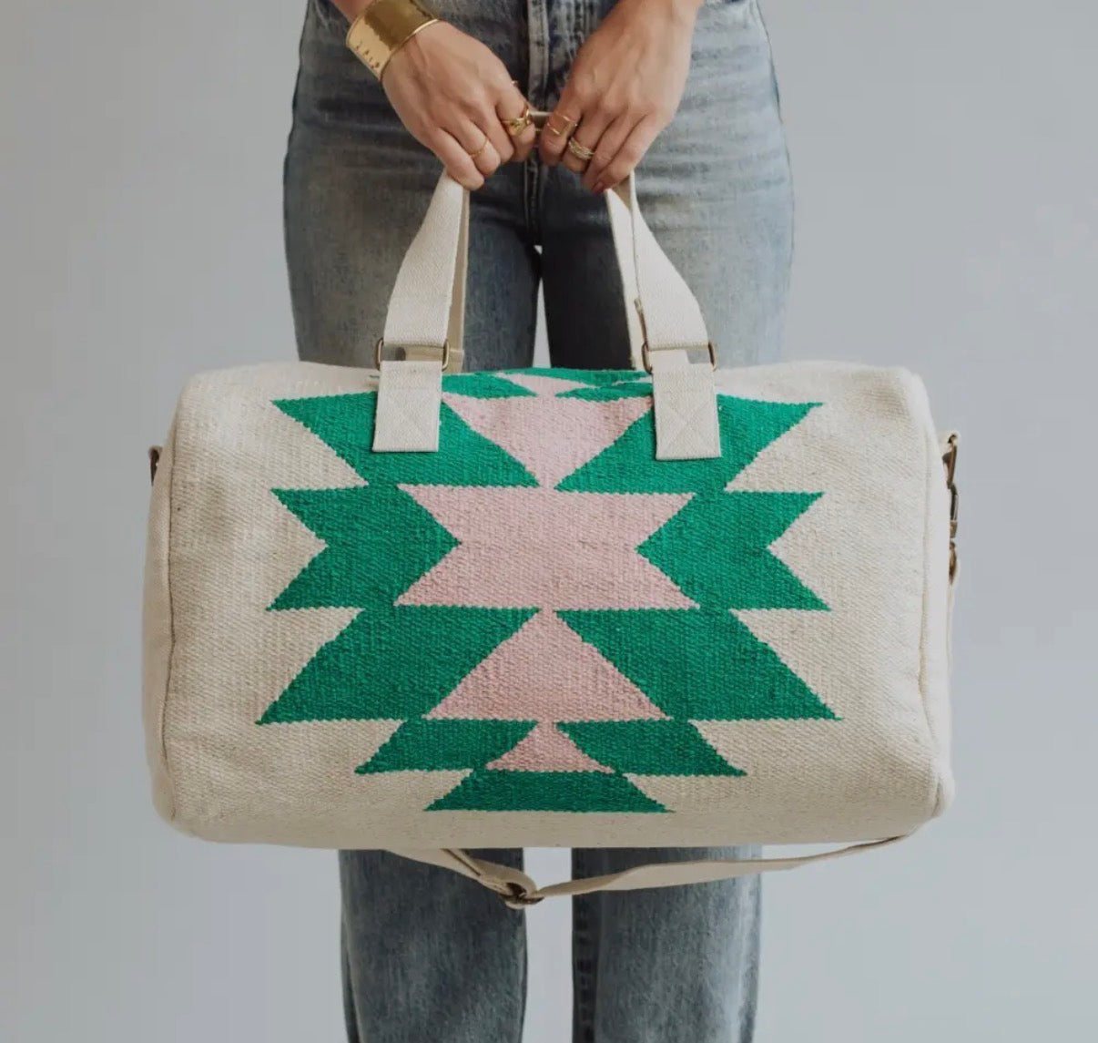 Beige, Green, & Pink Aztec Duffel