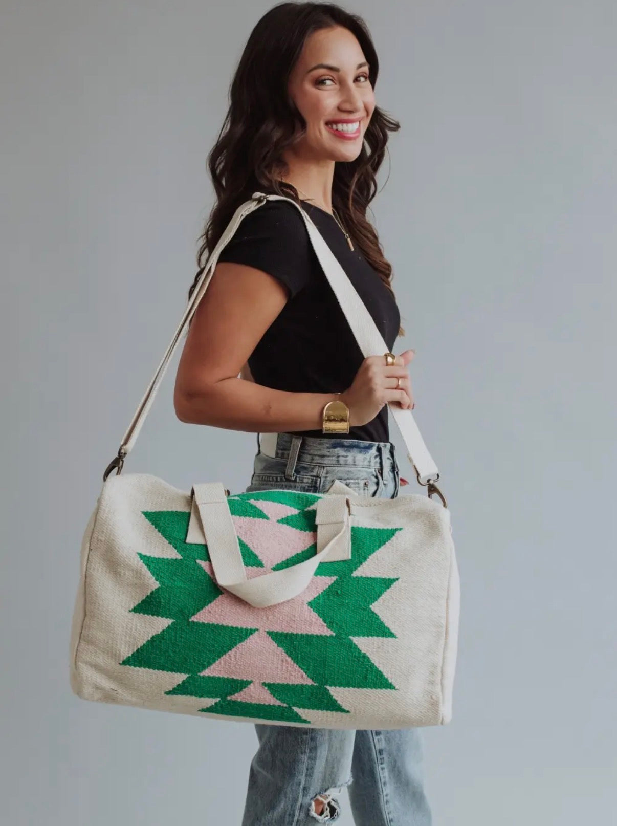 Beige, Green, & Pink Aztec Duffel