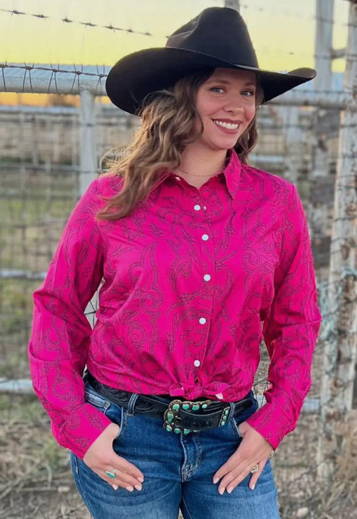 Pink Boot Stitch Button Up