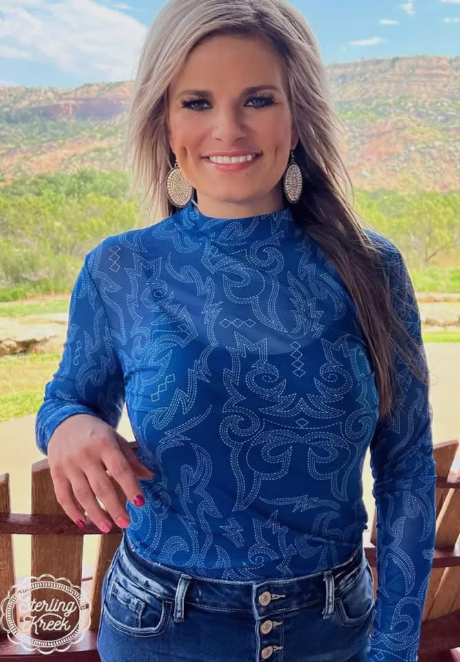 Blue Boot Stitch Mesh Top