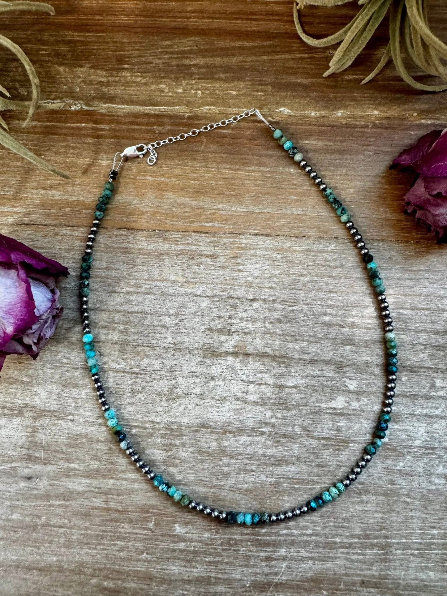 African Turquoise & Sterling Silver Pearl Choker - 3mm