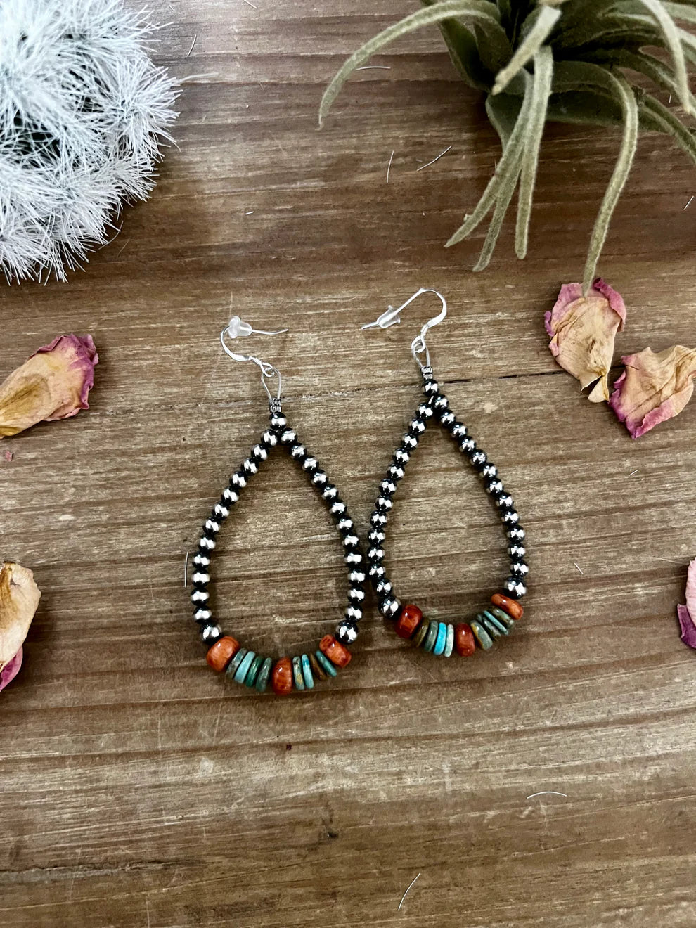 Sterling Silver Pearl Teardrop Earrings with Turquoise & Coral