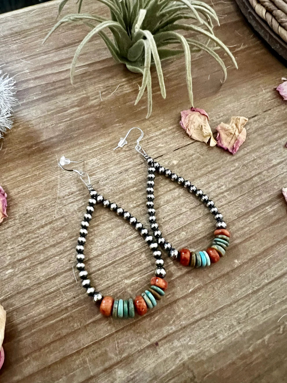 Sterling Silver Pearl Teardrop Earrings with Turquoise & Coral